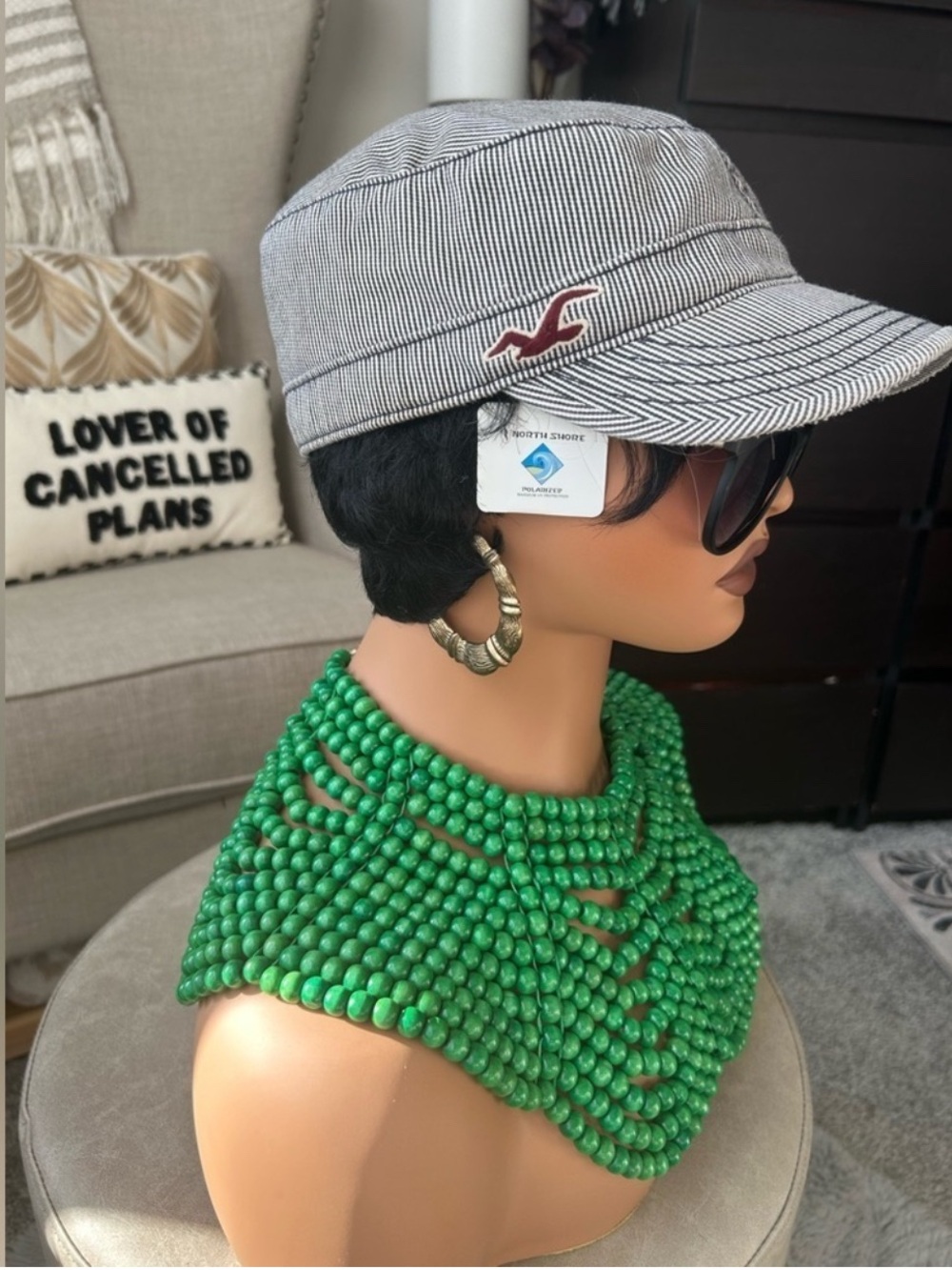 🌸NEW Hollister Gray Pinstripe Military-Style Cap with Maroon Seagull Logo - Picture 2 of 7